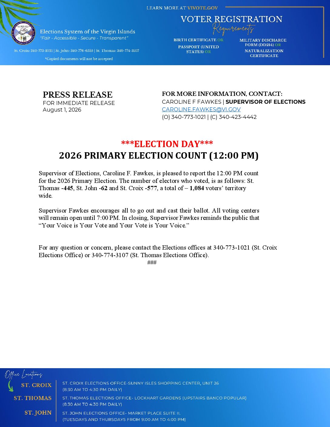 PRESS RELEASE 2026 PRIMARY ELECTION COUNT (1200 PM) 08.01