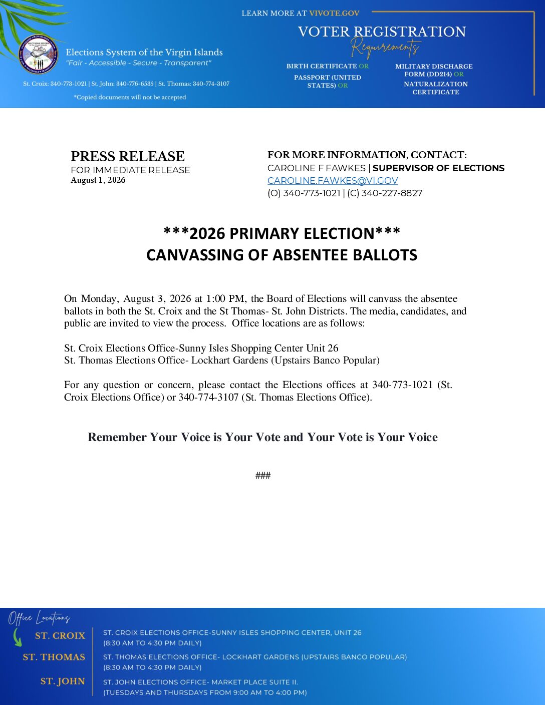 PRESS RELEASE - BOE Canvassing of 2026 Primary Absentee Ballots 08.01